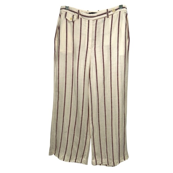 Theory Nadeema Wide Leg Striped Crop Linen Pants in Cream/Maroon Stripe - 8 - Picture 4 of 12